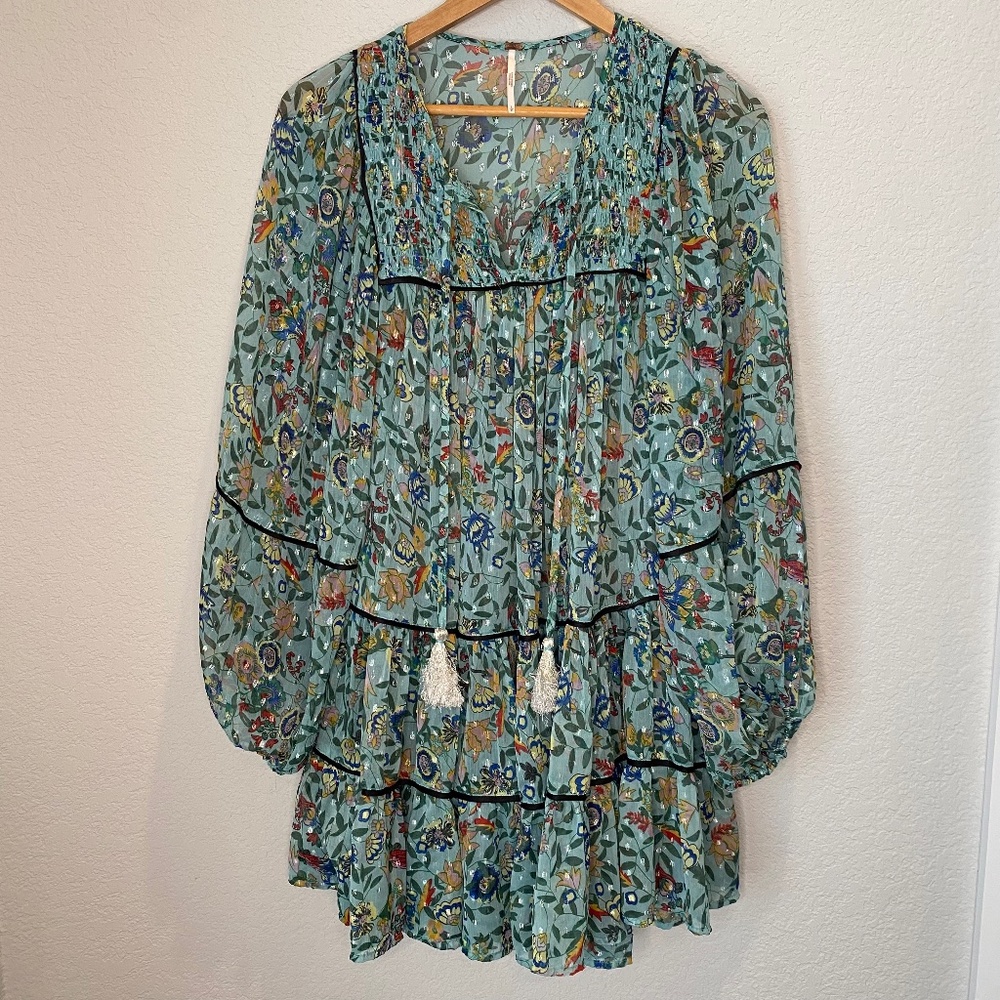 Free People Blue Floral Boho Sheer Tunic Mini Swing Dress - Size S - EUC